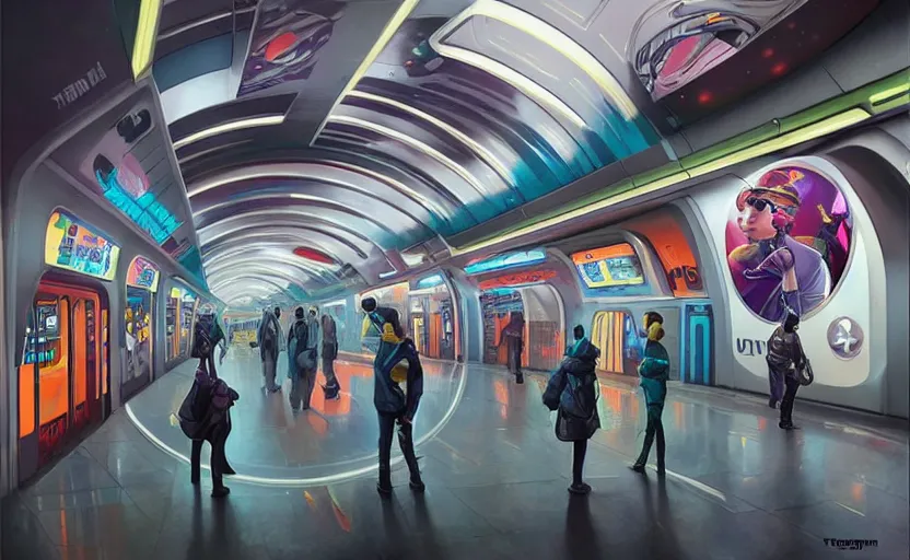 Image similar to Futuristic cyber subway station , Pixar style by Tristan Eaton_Stanley Artgerm and Tom Bagshaw