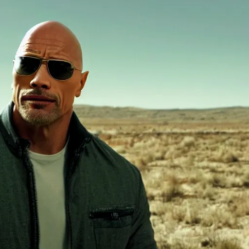 Image similar to Dwayne The Rock Johnson as Walter White in 'Breaking Bad' (2012), movie still frame, oscar nominated cinematography, volumetric lighting, 8k resolution, beautiful composition