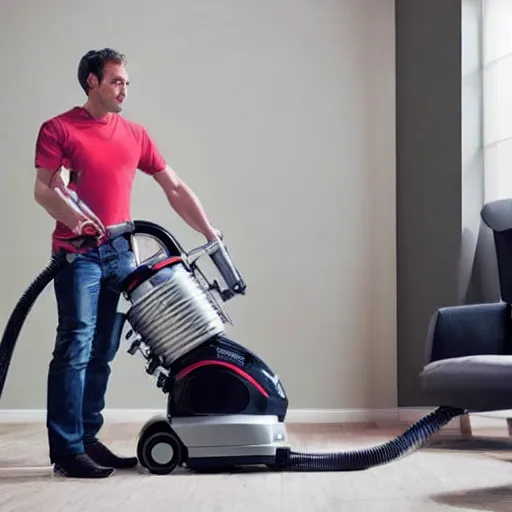 Image similar to a man rides a vacuum cleaner as if it were a horse, 8k, hyper-realistic