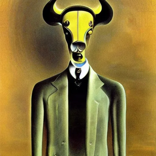 Image similar to A portrait of a humanoid cyberpunk cow wearing a suit, eerie, by Salvador Dali