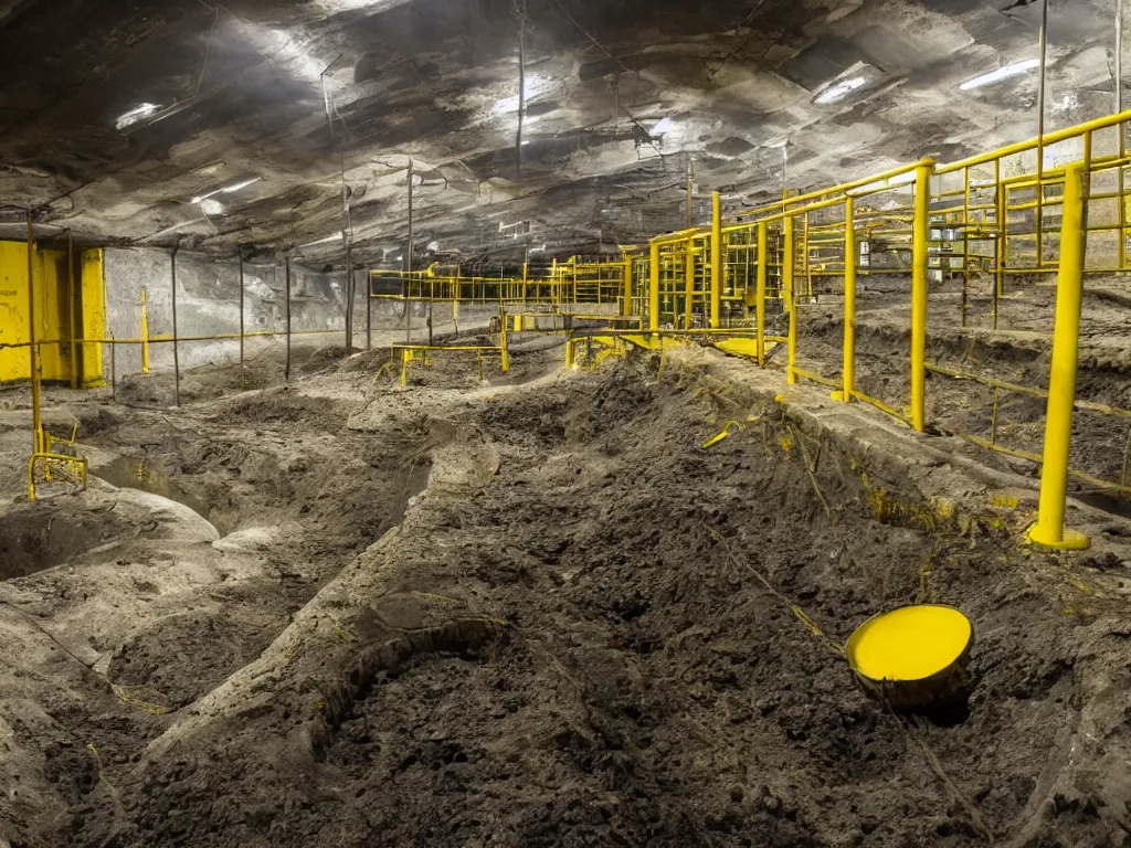 Image similar to photo of an underground waste facility, dark gloomy lighting, metal catwalks over yellow pools of sludge