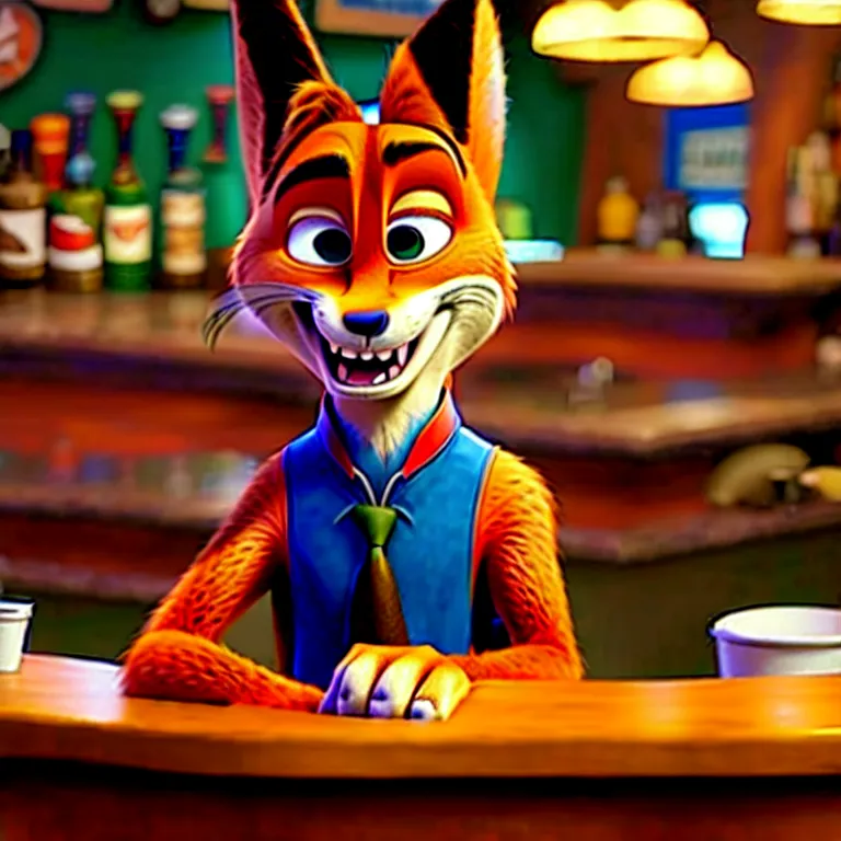 Image similar to Nick Wilde (from Zootopia) dressed in his usual outfit, sitting right across the bar from you.