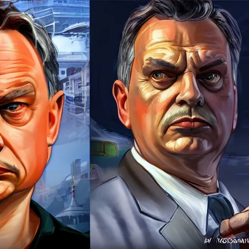 Image similar to Viktor Orban as a character in the game GTA VI, with a background based on the game League of Legends, detailed face, PAINTING BY android jones