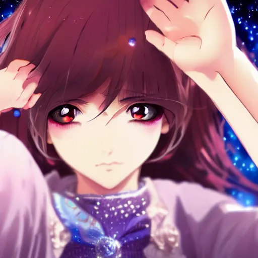 Prompt: a girl's eyes, stars are hidden in the eyes, 8 k, stunning, dream, highly detailed, super macro, surrealist, eye ministry close - up, style of magical girl, makoto shinkai