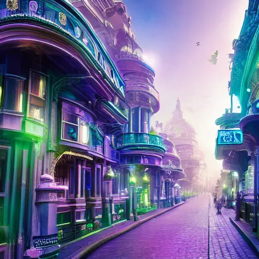 Image similar to a futuristic victorian city street, national geographic cover, award winning, 4 k, smooth, bright, light, colorful, victorian, futuristic, cyber - w 7 6 8