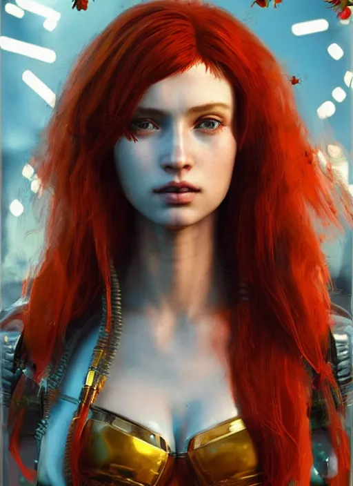 Prompt: Robot girl with red hair game style CYBERPUNK 2077 , a very beautiful portrait, Pre-Raphaelite style , girl enveloped in lily flowers, photorealism