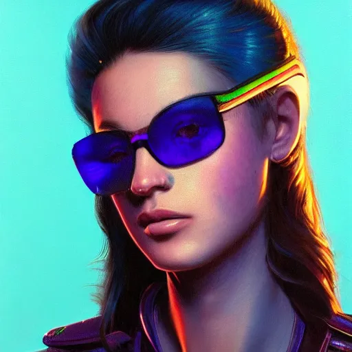 Image similar to very detailed masterpiece closeup painting of a very beautiful young mexican cyberpunk woman with light blue shutter shades, one side haircut, brown hair with light blue ends, purple leather jacket, beauty mark on cheek, portrait, synthwave background, artstation, concept art by greg rutkowski