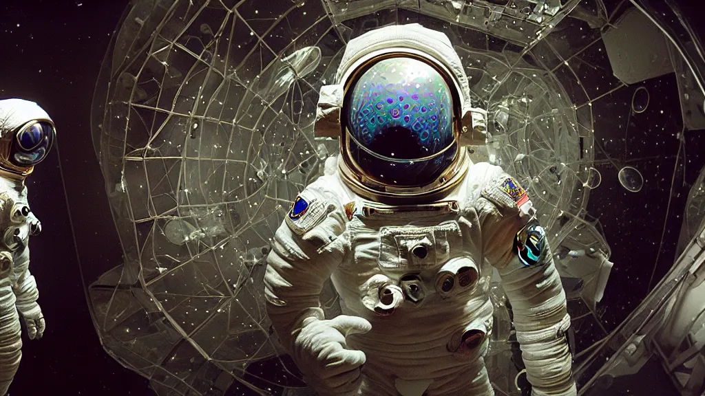 Image similar to a single astronaut eva suit interwoven with diamond 3d fractal lace iridescent bubble 3d skin and covered with insectoid compound eye camera lenses floats through the living room, film still from the movie directed by Denis Villeneuve with art direction by Salvador Dalí, wide lens,