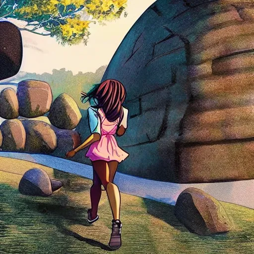 Image similar to “Indians jones as an anime girl running away from a rolling giant stone boulder trap inside an ancient stone temple, stunning digital art”