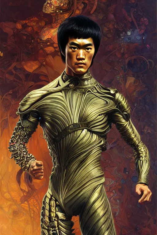 Image similar to bruce lee as a organic cyborg, diffuse lighting, fantasy, intricate, elegant, highly detailed, lifelike, photorealistic, digital painting, illustration, concept art, smooth, sharp focus, art by john collier and albert aublet and krenz cushart and artem demura and alphonse mucha