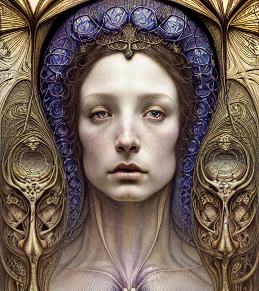 Image similar to detailed realistic beautiful young medieval alien queen face portrait by jean delville, gustave dore and marco mazzoni, art nouveau, symbolist, visionary, gothic, pre - raphaelite. horizontal symmetry by zdzisław beksinski, iris van herpen, raymond swanland and alphonse mucha. highly detailed, hyper - real, beautiful