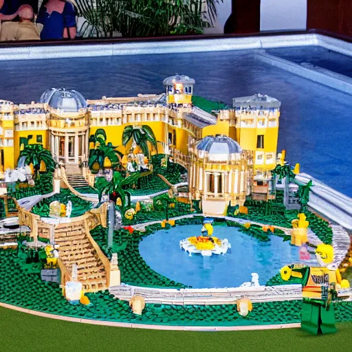 Prompt: mar - a - lago lego set, fbi agents on the lawn, raid, tilt shift photography