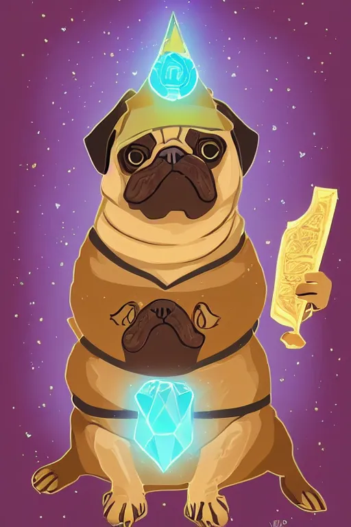 Image similar to Portrait of a pug that is a wizard casting a spell , wizard, medieval, sticker, colorful, casting epic spell, magic the gathering artwork, D&D, fantasy, artstation, heroic pose, illustration, highly detailed, simple, smooth and clean vector curves, no jagged lines, vector art, smooth