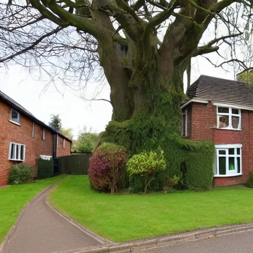 Prompt: four bedroom family home, large front drive, tree in garden, hyper realistic