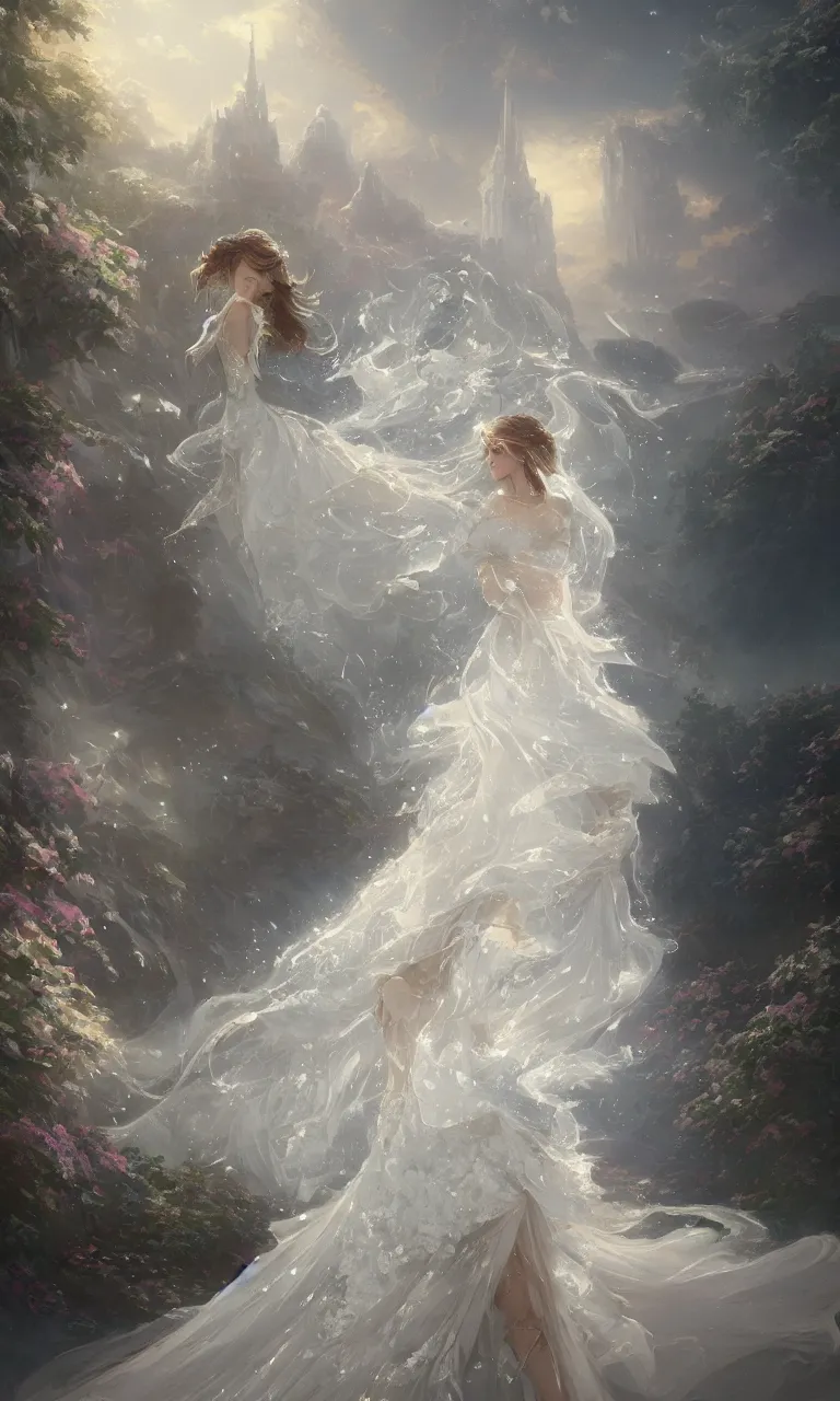 Prompt: a beautiful painting of a a beautiful crystal wedding dress, diamond, cloud, by greg rutkowski and thomas kinkade, trending on artstation