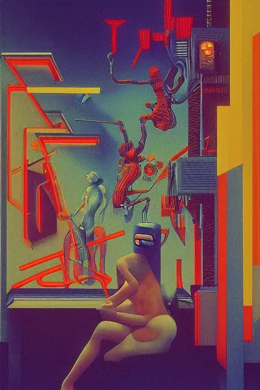 Image similar to 8 0 s art deco motel with swimmingpool, robots, neon signes, cinematic dramatic cyberpunk textural fluid lines otherworldly vaporwave interesting details fantasy lut epic composition by basquiat zdzisław beksinski james jean artgerm rutkowski moebius francis bacon gustav klimt