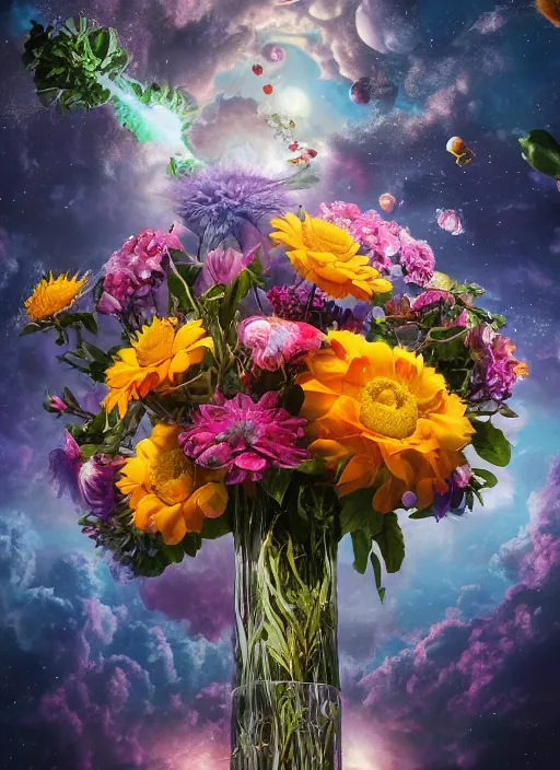 Image similar to An epic fantastic realism comic book style painting of the most beautiful flowers launched into space, by Rachel Ruysch, bouquets, fisheye lens, unreal 5, DAZ, hyperrealistic, octane render, cosplay, RPG portrait, dynamic lighting