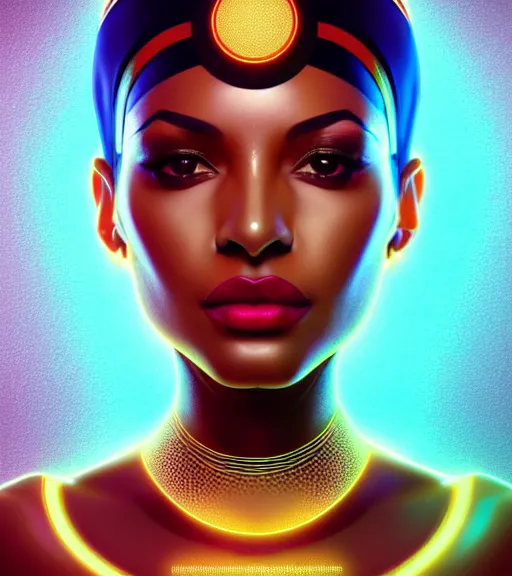 Image similar to symmetry!! egyptian queen of technology, solid cube of light, hard edges, product render retro - futuristic poster scifi, lasers and neon circuits, brown skin beautiful egyptian, queen, intricate, elegant, highly detailed, digital painting, artstation, concept art, smooth, sharp focus, illustration, dreamlike, art by artgerm