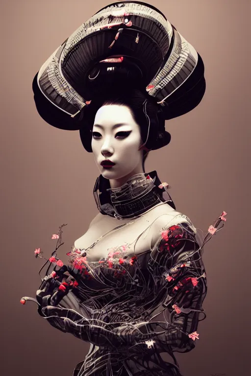 Image similar to A masterpiece portrait of a Incredibly cyber geisha by Ash Thorp, medium shot, intricate, elegant, highly detailed