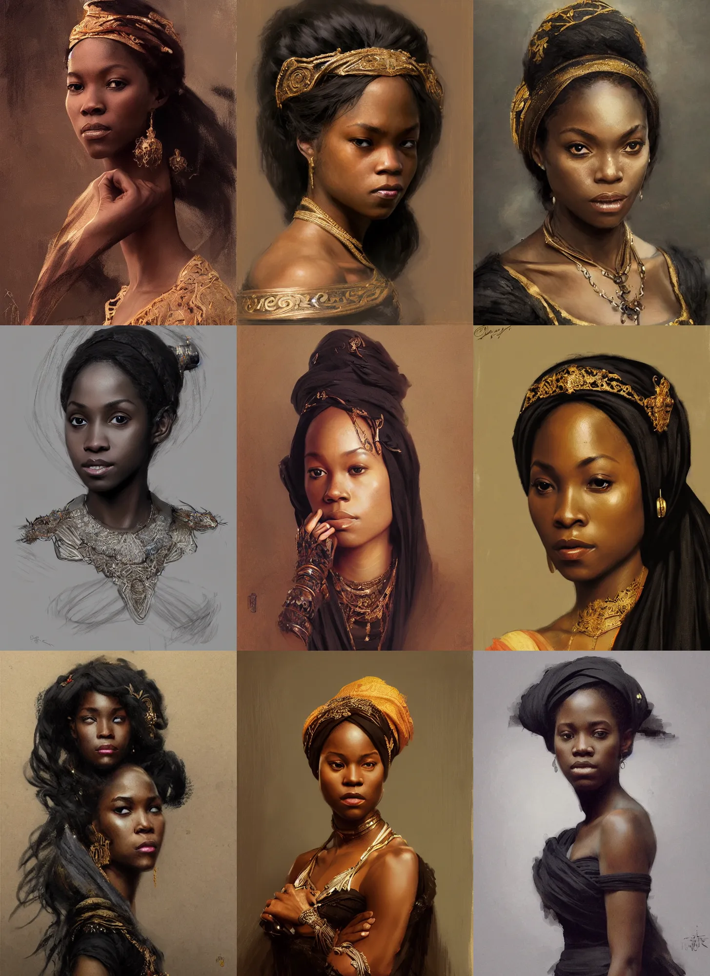 Prompt: black erin moriarty as nigerian princess, intricate, elegant, highly detailed, artstation, concept art, sharp focus, ruan jia, jurgens, orientalism, bouguereau