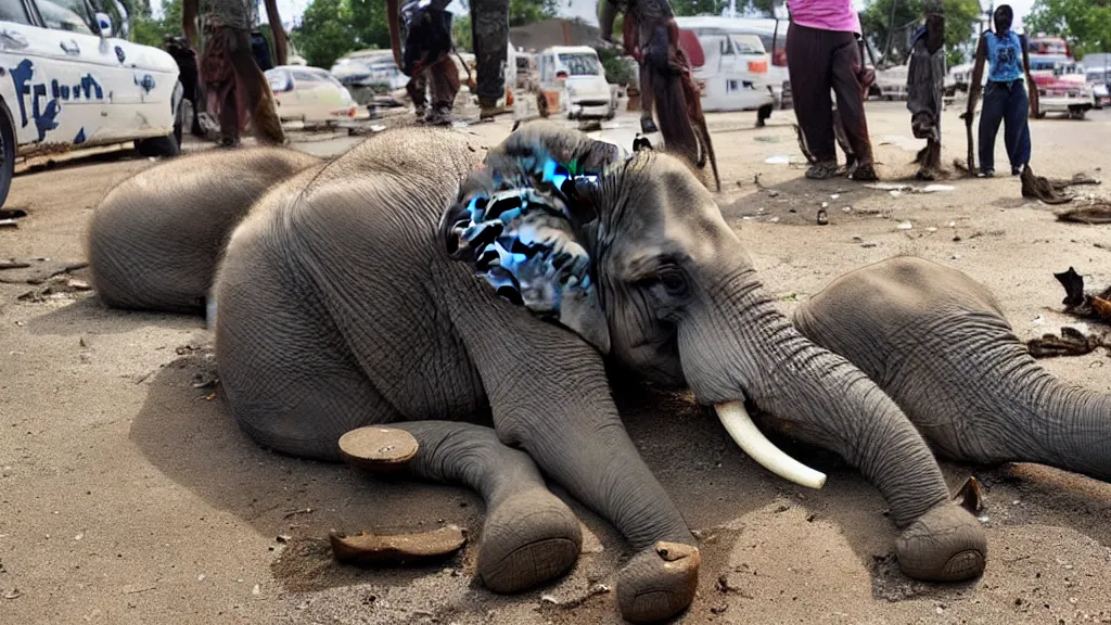 Image similar to an elephant stomps on a school, dead animals on the ground, guns on the ground in style of martin emond