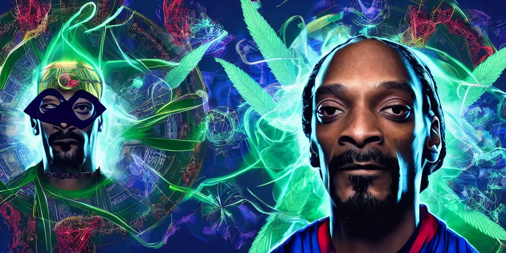 Prompt: snoop dogg as doctor strange, multiple dimensions, green light, marijuana leaves, marijuana, highly detailed, environmental light, cinematic by francis tneh, magic, making a spell, sharp focus, hyperdetailed, artstation, cgsociety, 8 k