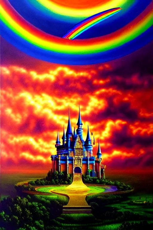 Prompt: a hyperrealistic painting of an epic ornate rainbow castle in the clouds at sunset, cinematic horror by chris cunningham, lisa frank, richard corben, highly detailed, vivid color,