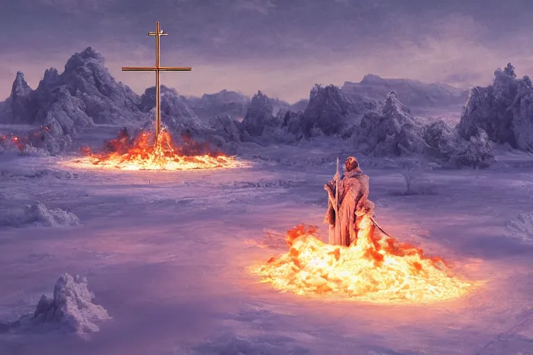 Image similar to a cross set on fire on a snow covered field, landscape inspired by salvador dali, a matte painting by li shida, cgsociety, context art, redshift, matte painting, reimagined by industrial light and magic