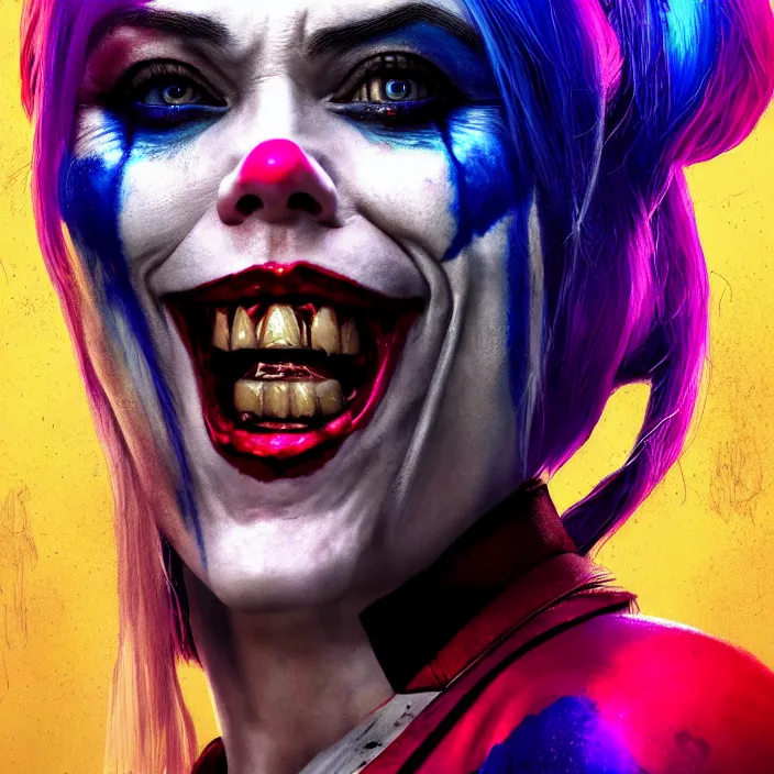 Image similar to portrait of maggie siff as a harley quinn in suicide squad. intricate abstract. intricate artwork. by tooth wu, wlop, beeple, dan mumford. octane render, trending on artstation, greg rutkowski very coherent symmetrical artwork. cinematic, hyper realism, high detail, octane render, 8 k, iridescent accents