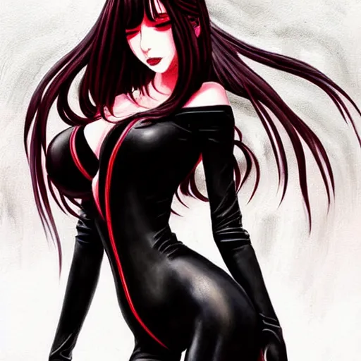 Prompt: beautiful seductive female in black leather skin tight clothes, in the rain in paris, highly detailed, painting, dark red and black color palette, intricate, high quality, anime artstyle, in the style of sana takeda