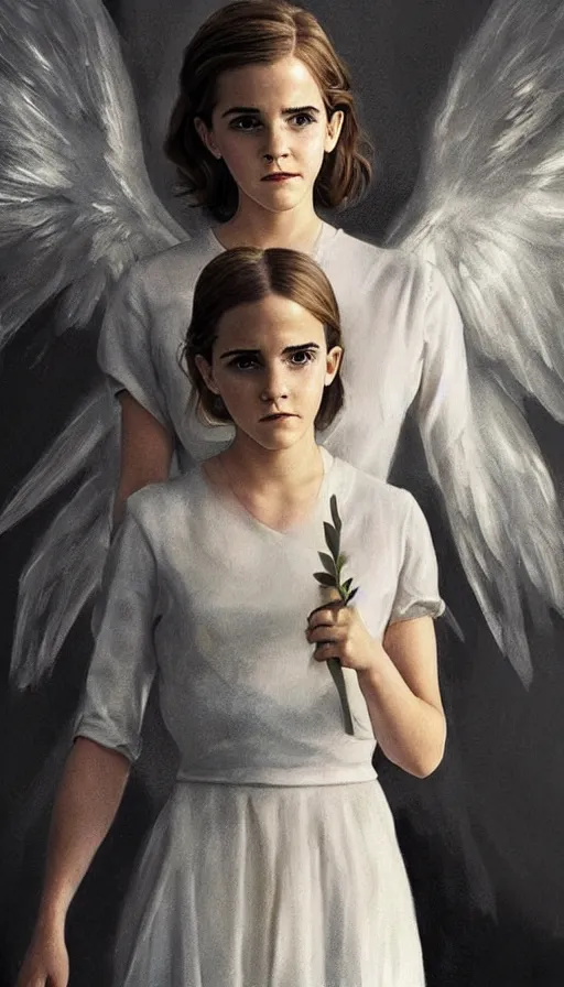 Image similar to Angel, perfectly-centered-painting of young Emma Watson in Mad Men looking at the camera, hands not visible, sweaty, wet, dynamic action pose, insane, intricate, highly detailed, digital painting, photography, artstation, concept art, smooth, sharp focus, illustration, Unreal Engine 5, 8K, art by artgerm and greg rutkowski and alphonse mucha