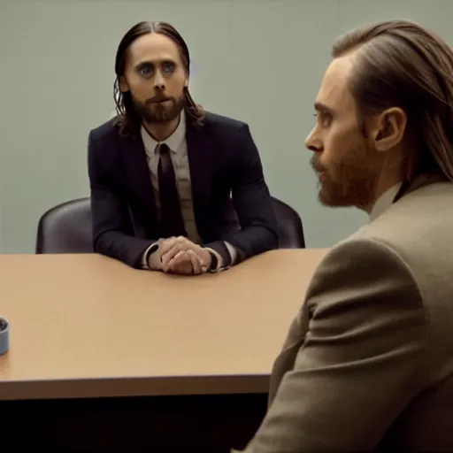 Prompt: jared leto talking to saul goodman in an interrogation room