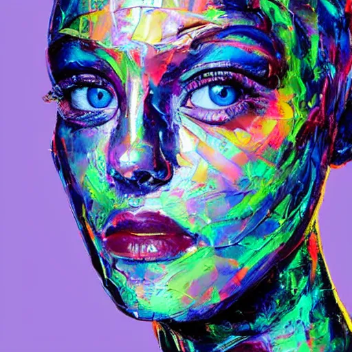 Prompt: a holographic human robotic head made of glossy iridescent, Face, Palette Knife Painting, Acrylic Paint, Dried Acrylic Paint, Dynamic Palette Knife Oil Paintings, Vibrant Palette Knife Portraits Radiate Raw Emotions, Full Of Expressions, Palette Knife Paintings by Francoise Nielly, ▲▲▲Beautiful▲▲▲, Beautiful Face, surrealistic 3d illustration of a human face non-binary, non binary model, 3d model human, cryengine, made of holographic texture, holographic material, holographic rainbow, concept of cyborg and artificial intelligence