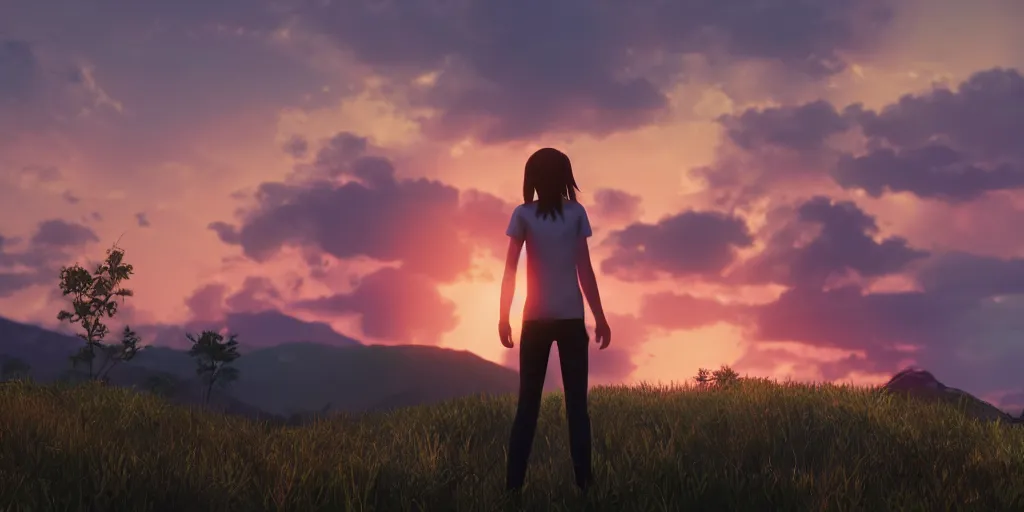 Prompt: Max Caulfield standing on a hillside watching sunset, photo