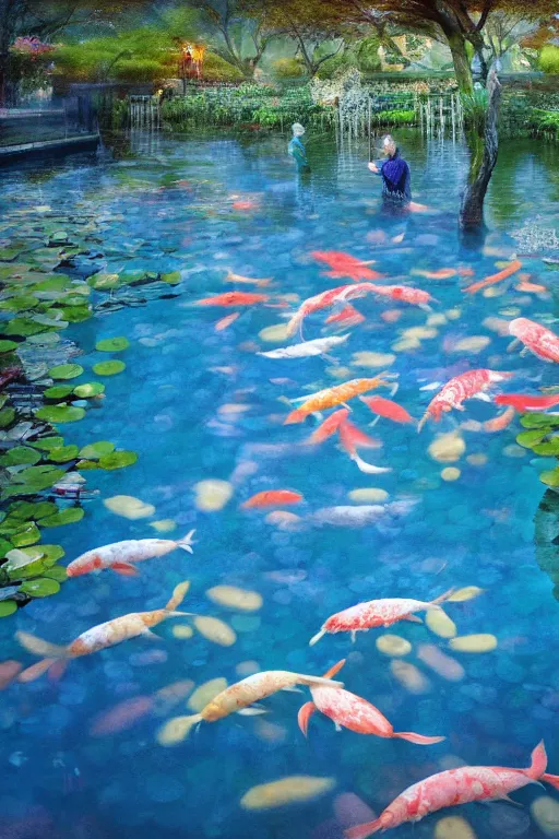 Image similar to nenufar in a pond surrounded by koi carp, colorful, blue backgroung,clean, joyful, intricate, elegant, volumetric lighting, scenery, digital painting, highly detailed, artstation, sharp focus, illustration, concept art, ruan jia, steve mccurry