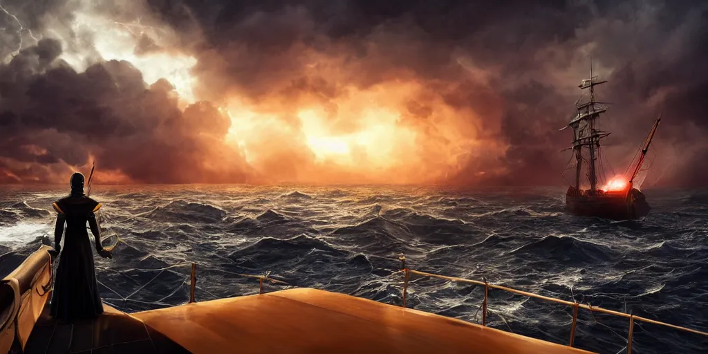 Image similar to epic medieval woman ship pilot standing at the bow of a ship at sea from behind, dramatic dark glowing golden neon sunset with thick wall of storm clouds and turbulant seas, dynamic lighting, hyperrealistic, hd 4 k, artstation