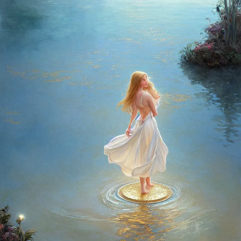 Prompt: highly detailed portrait of a barefoot white skirt girl stand on the water, water surface reflection, the calm sea level, gold filigree, romantic storybook fantasy, soft cinematic lighting, award, disney concept art watercolor illustration by mandy jurgens and alphonse mucha and alena aenami, pastel color palette, featured on artstation