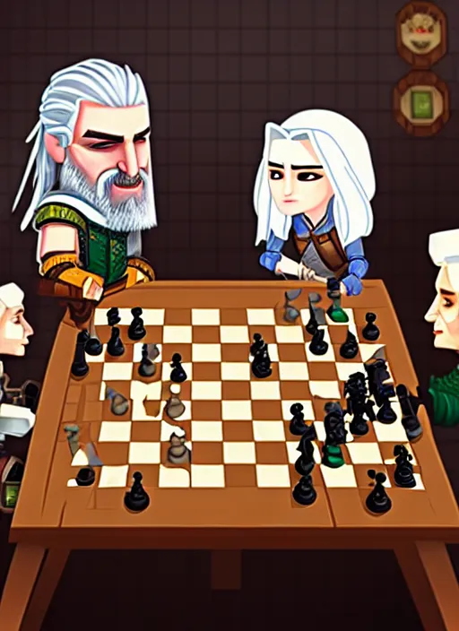 Prompt: geralt de rivia and ciri playing chess in a cafeteria, pixel art by Gerardo Quiroz, devian art, 4k, award winning