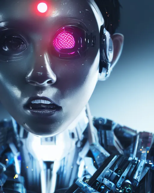 Prompt: photo of sweaty soulful female as a cyberpunk mecha humanoid robotic head and face parts with straight bright led lights, small light emitting cables, sweaty skin dripping down face, ultra - realistic and detailed, long exposure 8 k