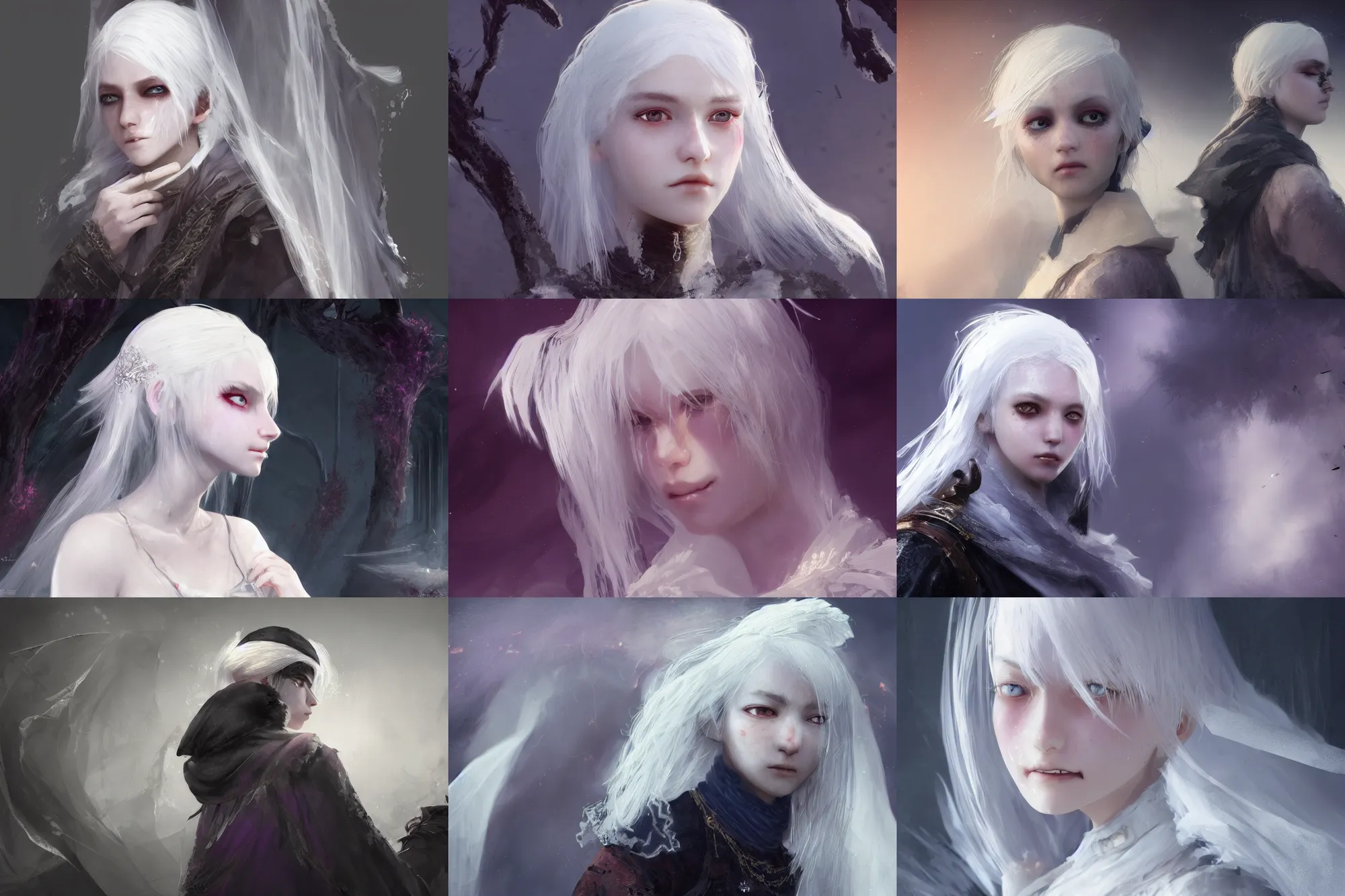 Prompt: white hair, shoulder-long straight, fragile girl, veil, amber jewelry, violet eyes, clothes style japanese/asian/chinese, burn scar left cheek, digital art in the style of Craig Mullins and BloodBorne , 4k