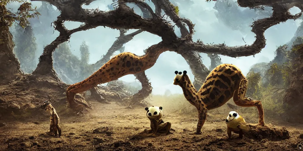 Prompt: alien giraffe panda frog on alien planet, lowbrow, 8 k, matte painting,