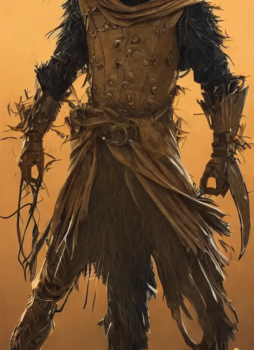 Image similar to powerful male scarecrow, willem dafoe as scarecrow, full body character concept, covered in full leather armor, art nouveau, super powers, fantasy, intricate, elegant, highly detailed, digital painting, artstation, concept art, shining, sharp focus, illustration, art by stanley lau