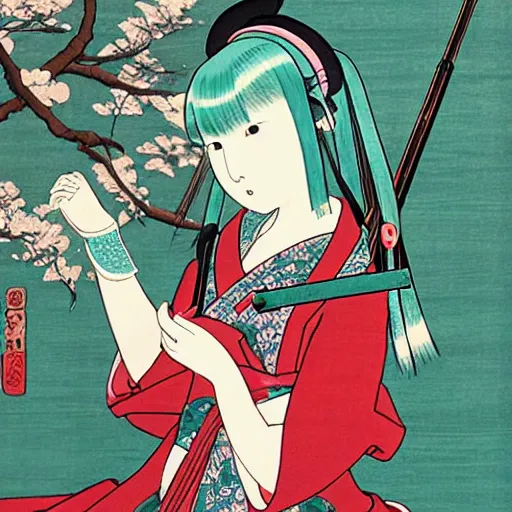 Prompt: ukiyo - e paintings of hatsune miku