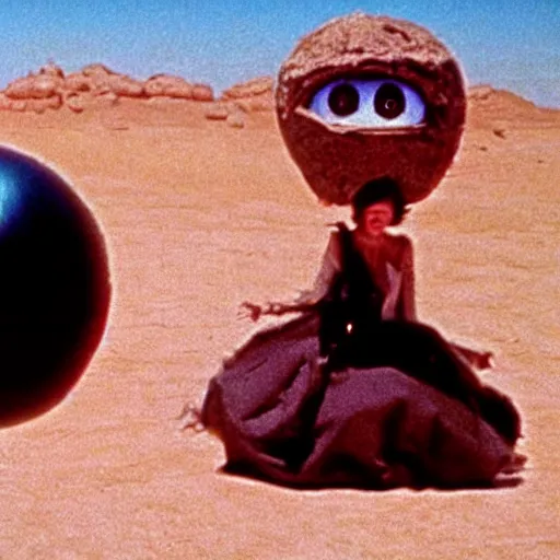 Image similar to woman with an inflatable head and giant eyeballs, in the desert 1972 Jodorowsky film, archival footage, technicolor film expired film live-action, 16mm