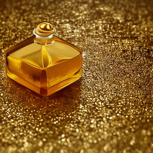 Image similar to perfume bottle lying in a golden puddle of rich honey, honeycomb, and gold lillies, path traced, environment, up close shot, zen white minimalist background