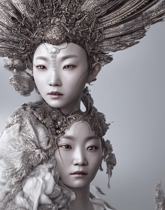 Image similar to hyper realistic portrait photo of ameterasu the sun goddess of japan, portrait shot, porcelain white face, intricate detail, octane render