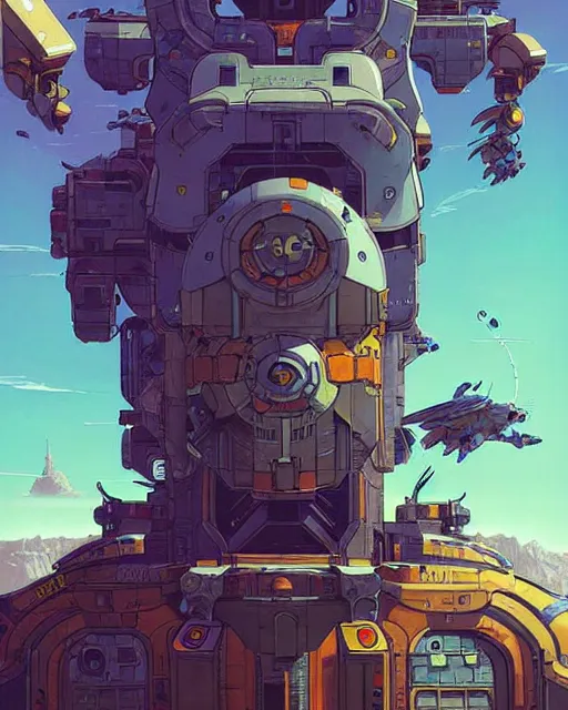 Image similar to bastion from overwatch, pet bird, character portrait, portrait, close up, concept art, intricate details, highly detailed, vintage sci - fi poster, retro future, in the style of chris foss, rodger dean, moebius, michael whelan, katsuhiro otomo, and gustave dore