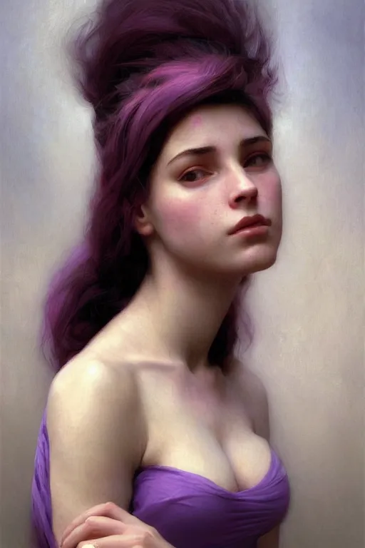 Prompt: Portrait of Amy Rose by bouguereau, abstract purple lighting, intricate, elegant, somber, highly detailed, oil painting, smooth, sharp focus, illustration, art by artgerm and greg rutkowski and zdislav beksinski