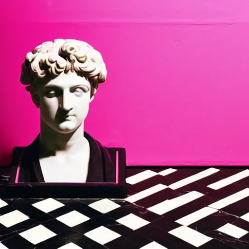 Prompt: a greco - roman marble bust sits on a pink and black checkerboard tile floor, a pink wall in the background with a framed photo of a cityscape at night, trending on bandcamp
