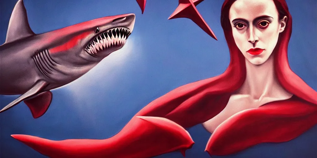 Image similar to high fashion shark, too many fins in all directions, in hoc signo vinces, waterfall, in the style of leonora carrington, gottfried helnwein, intricate composition, blue light by caravaggio, insanely quality, highly detailed, masterpiece, red light, artstation